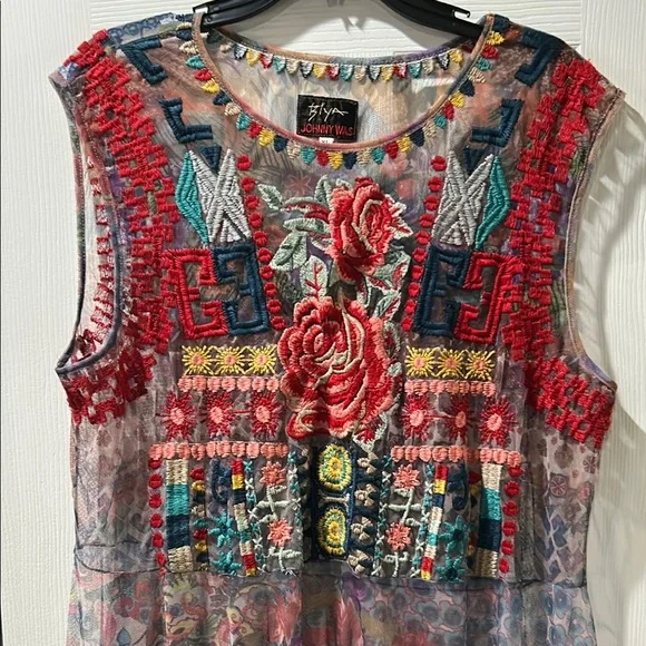Johnny Was Colorful Embroidered Mesh Sleeveless Dress NO SLIP INCLUDED SZ XL - Picture 2 of 5